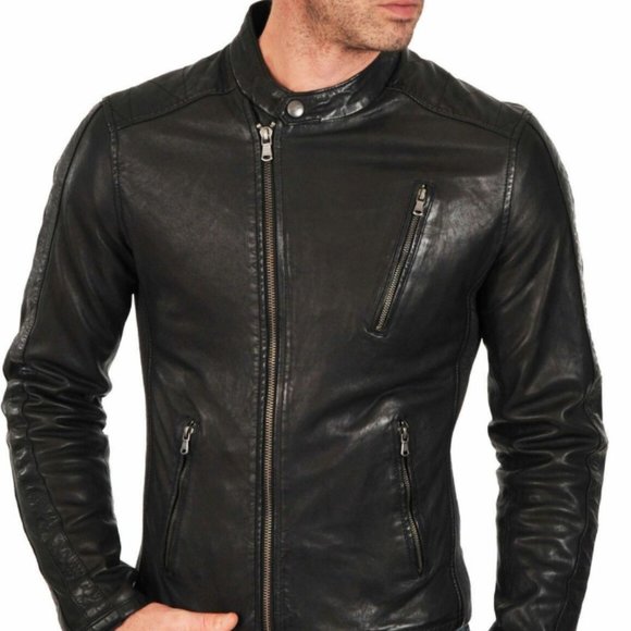 Men's leather jacket black sheepskin slim coat